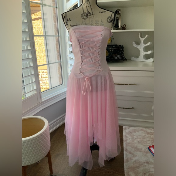 M COLLECTION Pink Tule Strapless Midi Corset Dainty Dress Women’s Size 6 - Picture 6 of 15